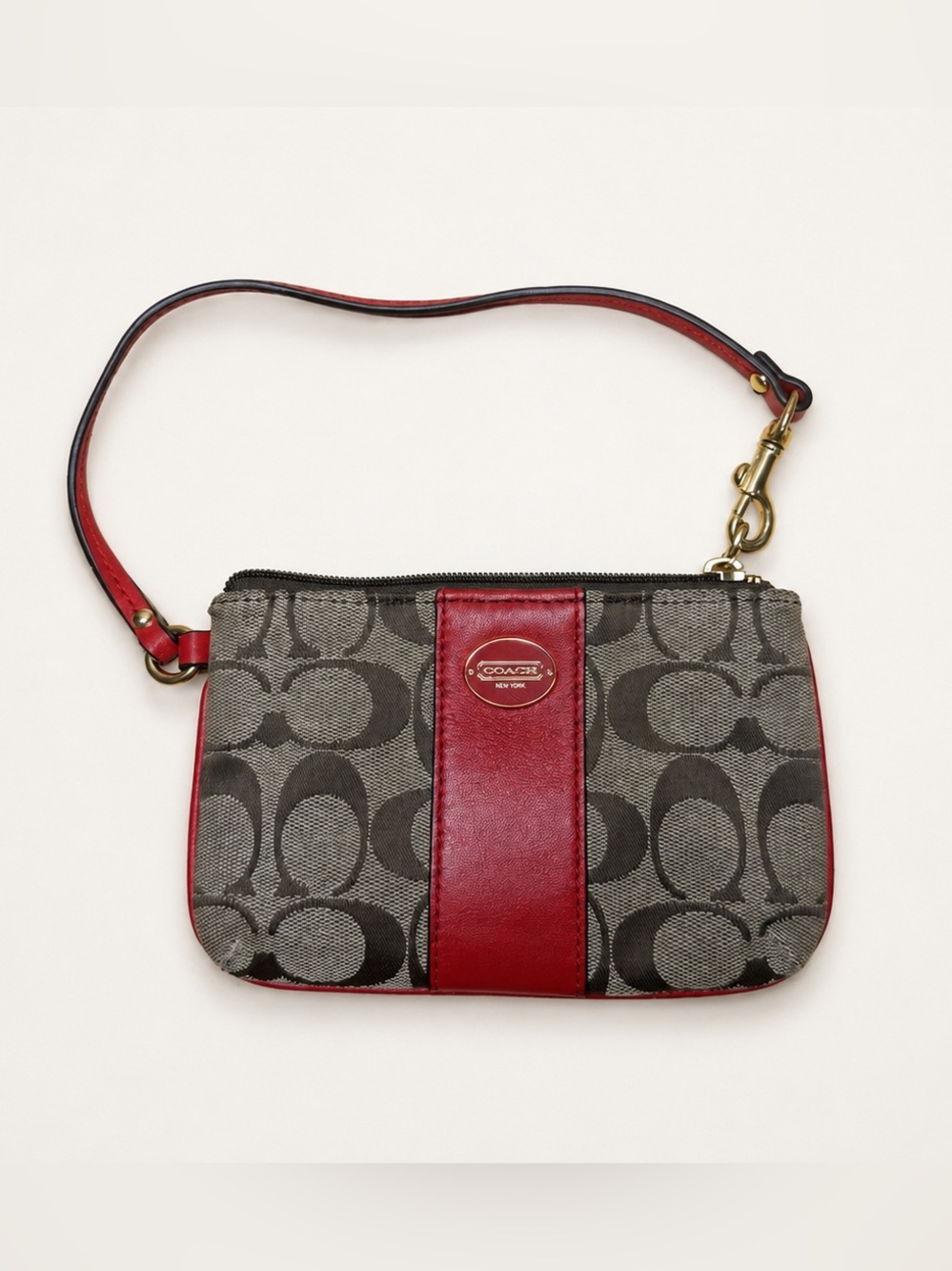 Coach Signature Jacquard Wristlet Brown Red Leather Trim NWOT